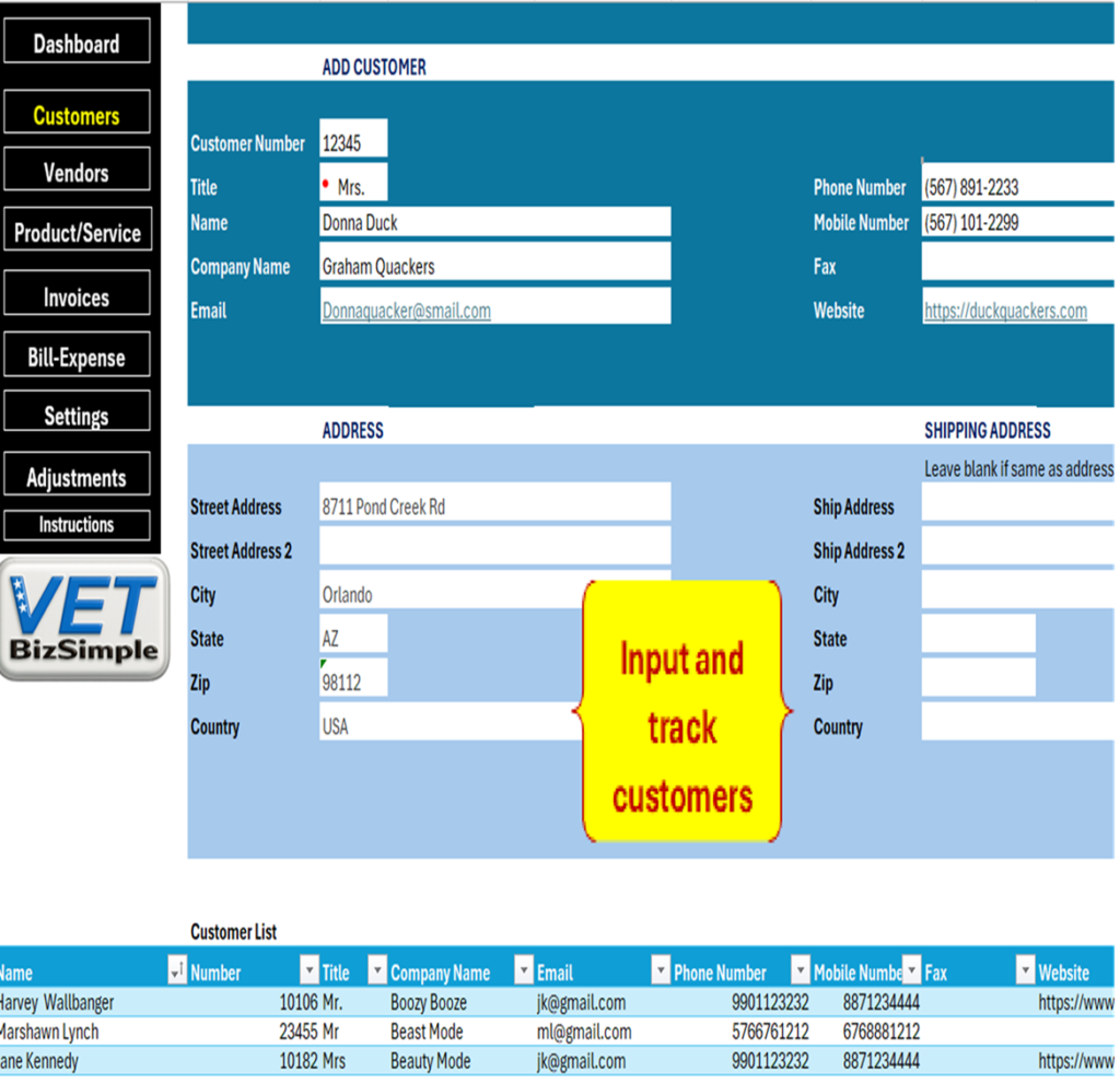 BizSimple Home customer form w test